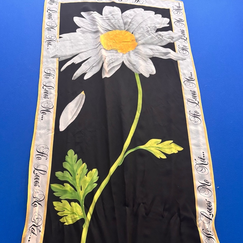 black and white daisy print scarf with a "He Loves Me..." and "He Loves Me Not..